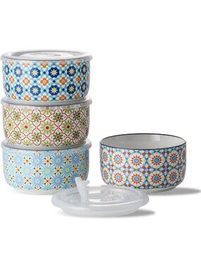 Microwave Safe Ceramic Bowls Set of 4 with Lids - Perfect for Meal Prep